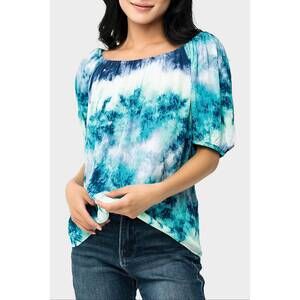 NEW GIBSONLOOK dusk to dawn off shoulder top in watercolor lake print